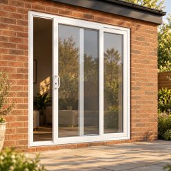 White uPVC 2 pane sliding patio door opening onto a garden patio