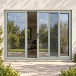 Agate Grey uPVC 3 pane sliding patio door fitted to the back of a house