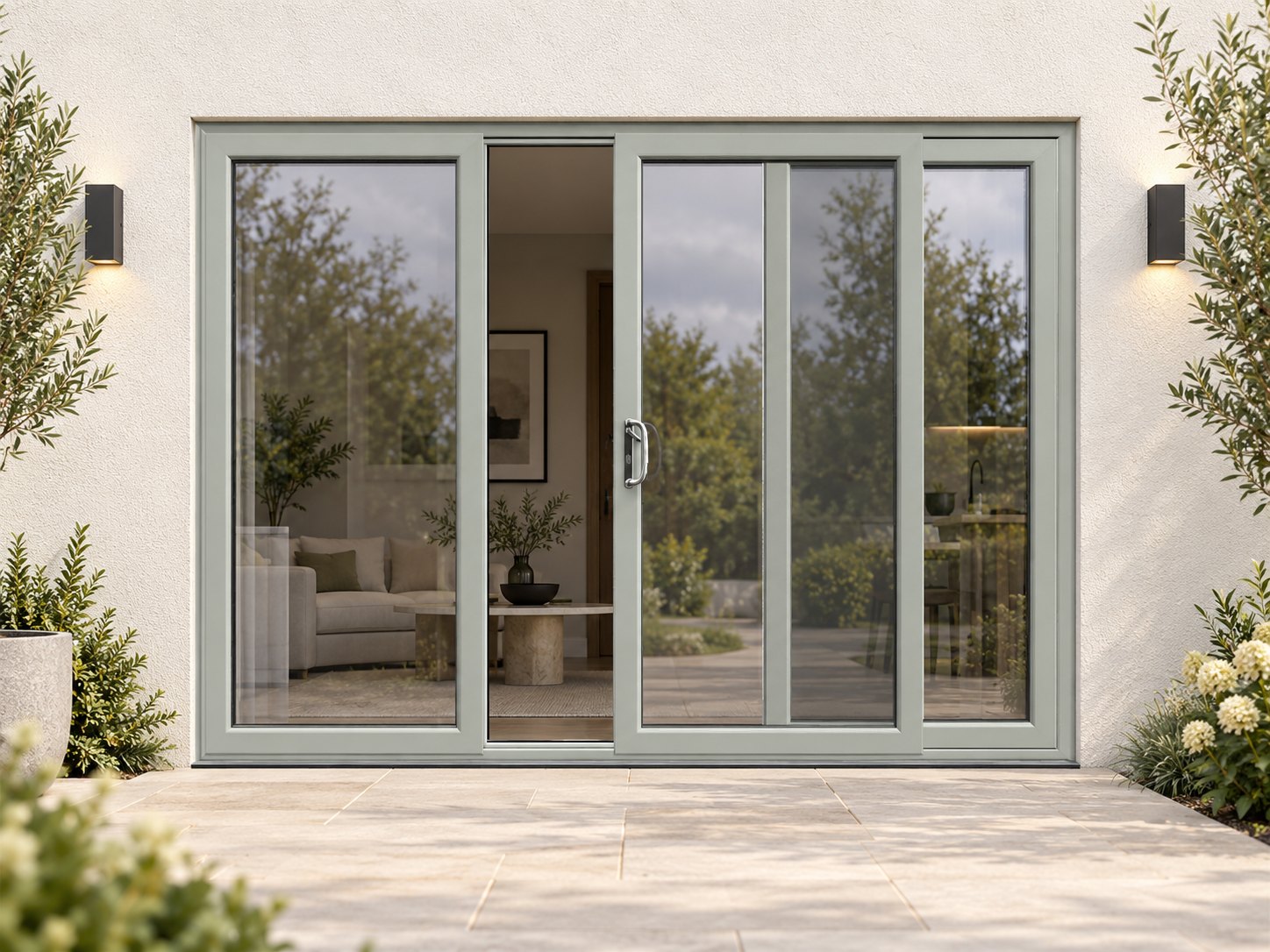 Agate Grey uPVC 3 pane sliding patio door on a house in daylight
