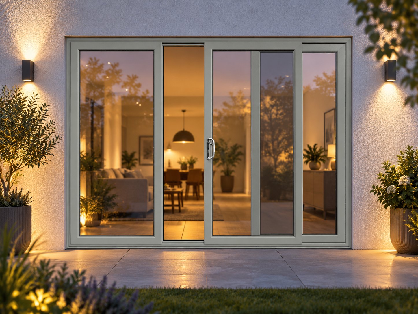 Agate Grey uPVC 3 pane sliding patio door lit up in the evening