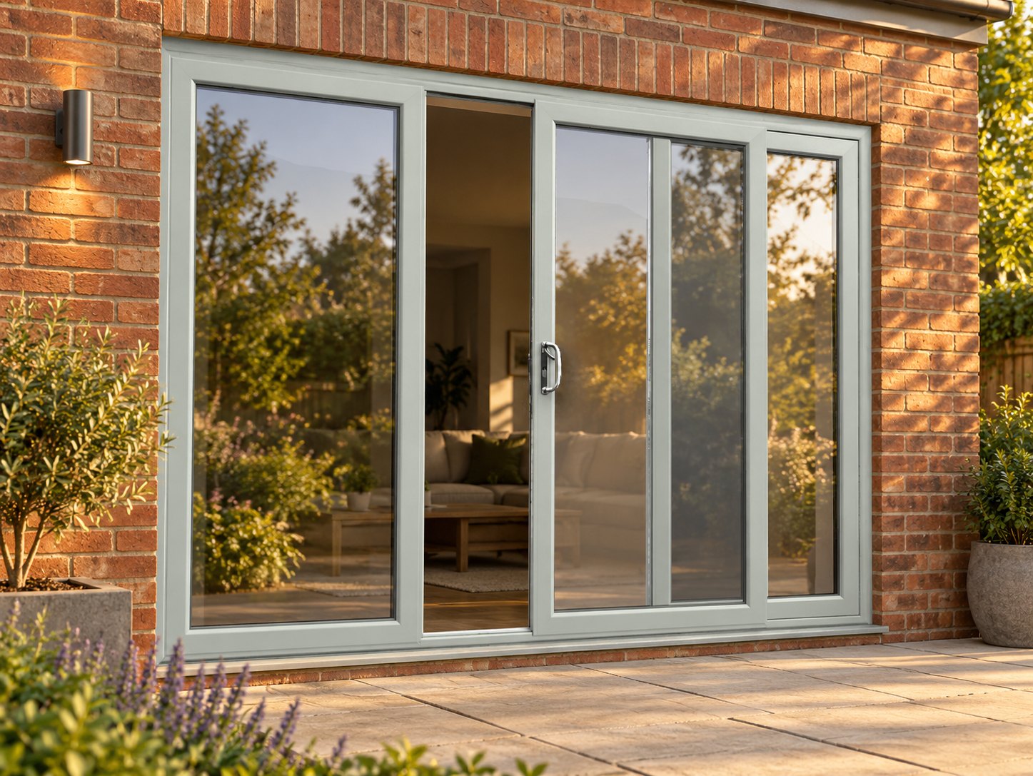 Agate Grey uPVC 3 pane sliding patio door opening onto a garden patio