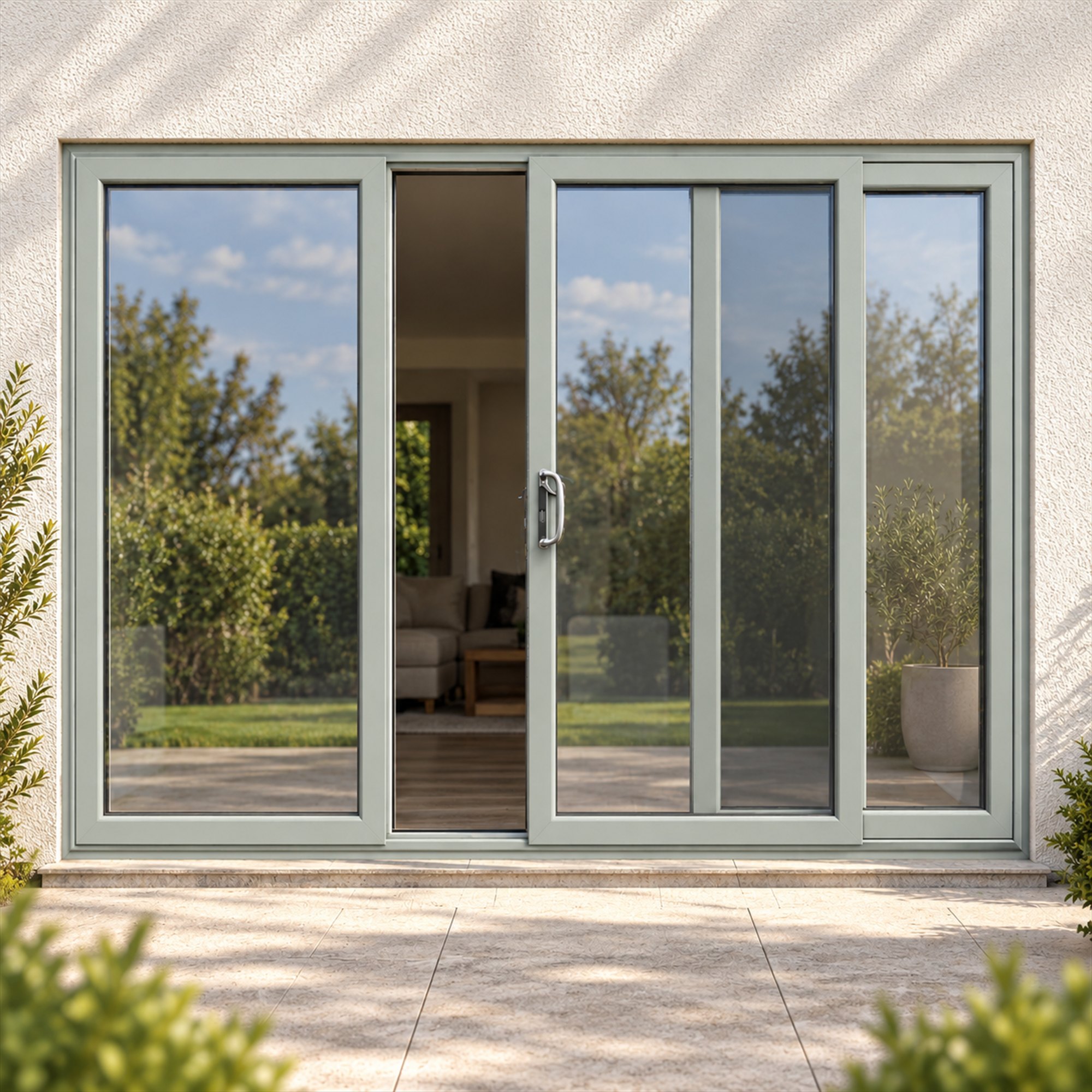 Agate Grey uPVC 3 pane sliding patio door fitted to the back of a house