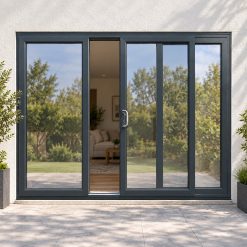 Anthracite Grey uPVC 3 pane sliding patio door fitted to the back of a house