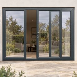 Anthracite Grey uPVC 3 pane sliding patio door on a house in daylight