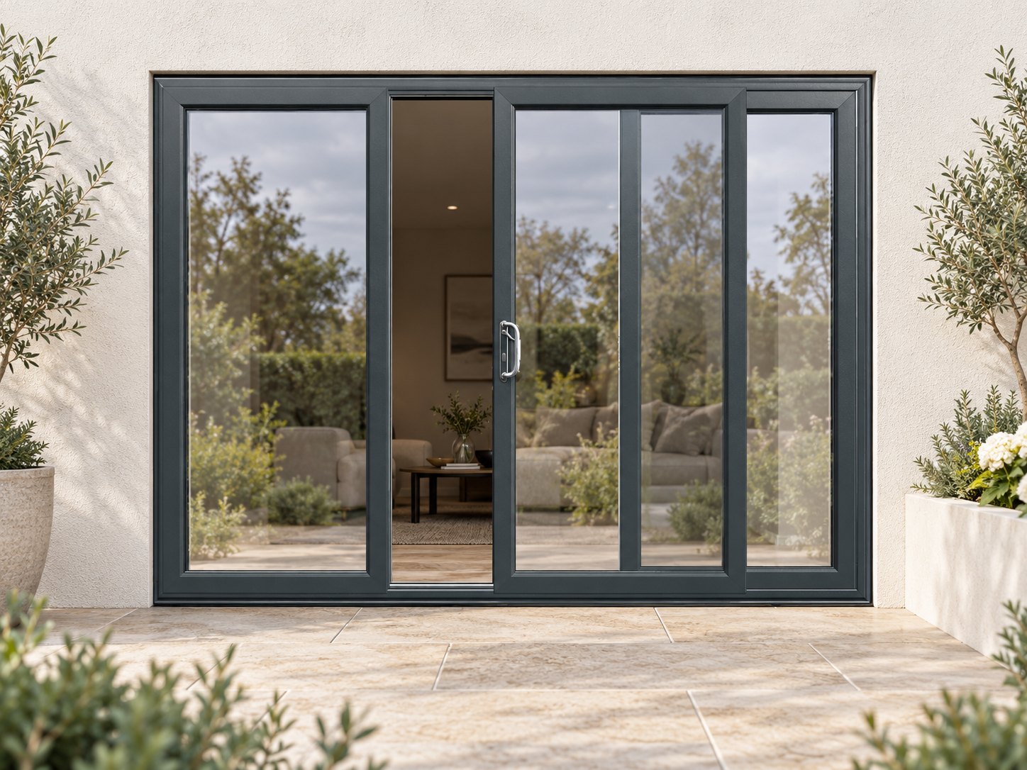 Anthracite Grey uPVC 3 pane sliding patio door on a house in daylight