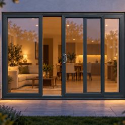 Anthracite Grey uPVC 3 pane sliding patio door lit up in the evening