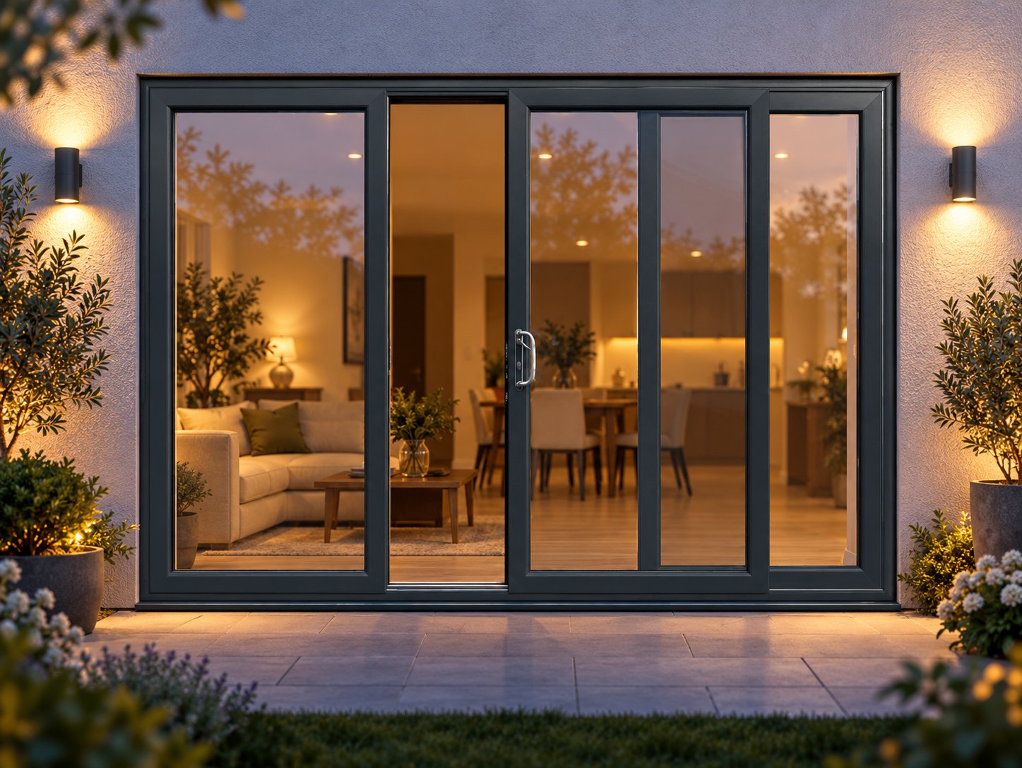 Anthracite Grey uPVC 3 pane sliding patio door lit up in the evening