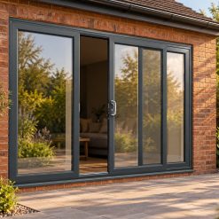 Anthracite Grey uPVC 3 pane sliding patio door opening onto a garden patio