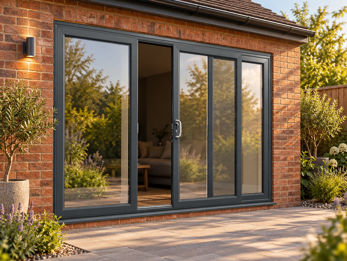 Anthracite Grey uPVC 3 pane sliding patio door opening onto a garden patio