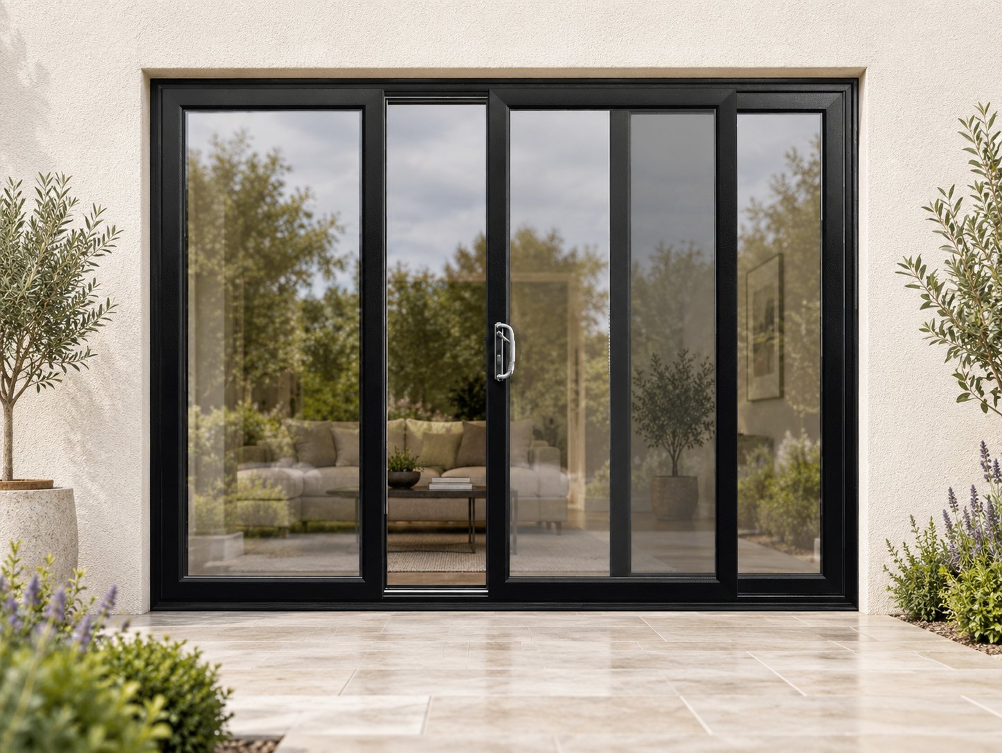 Black uPVC 3 pane sliding patio door on a house in daylight