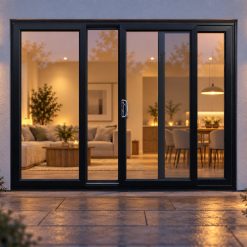 Black uPVC 3 pane sliding patio door lit up in the evening