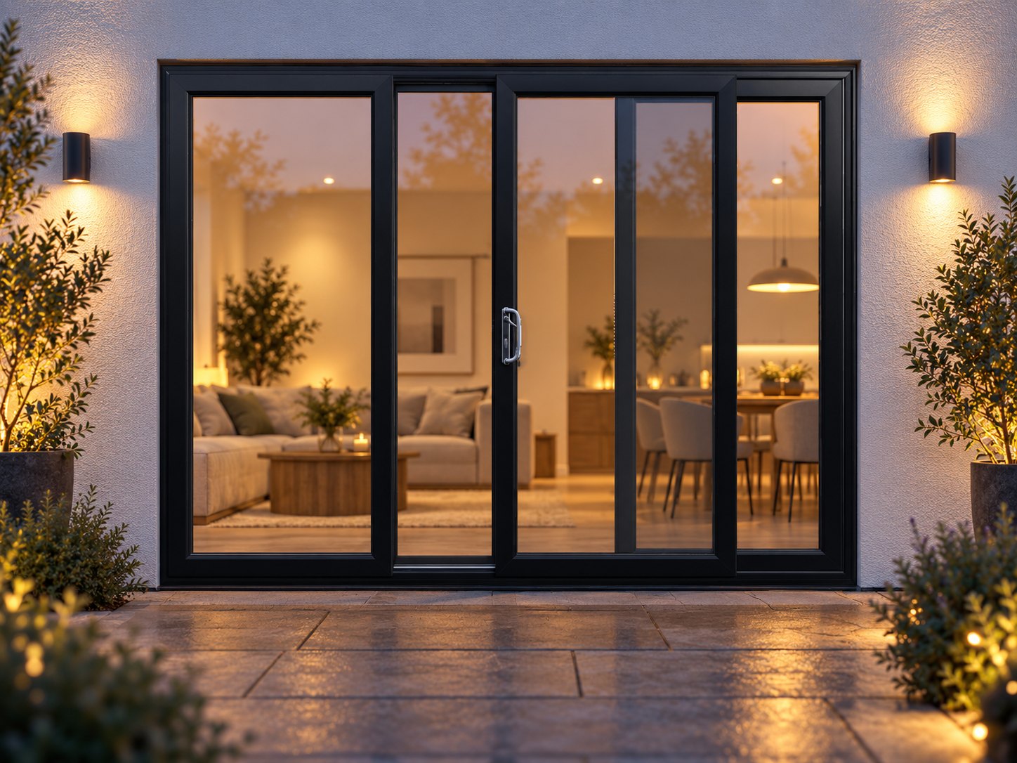 Black uPVC 3 pane sliding patio door lit up in the evening