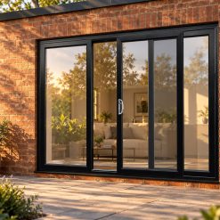 Black uPVC 3 pane sliding patio door opening onto a garden patio