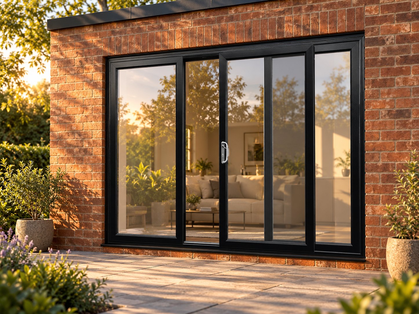 Black uPVC 3 pane sliding patio door opening onto a garden patio