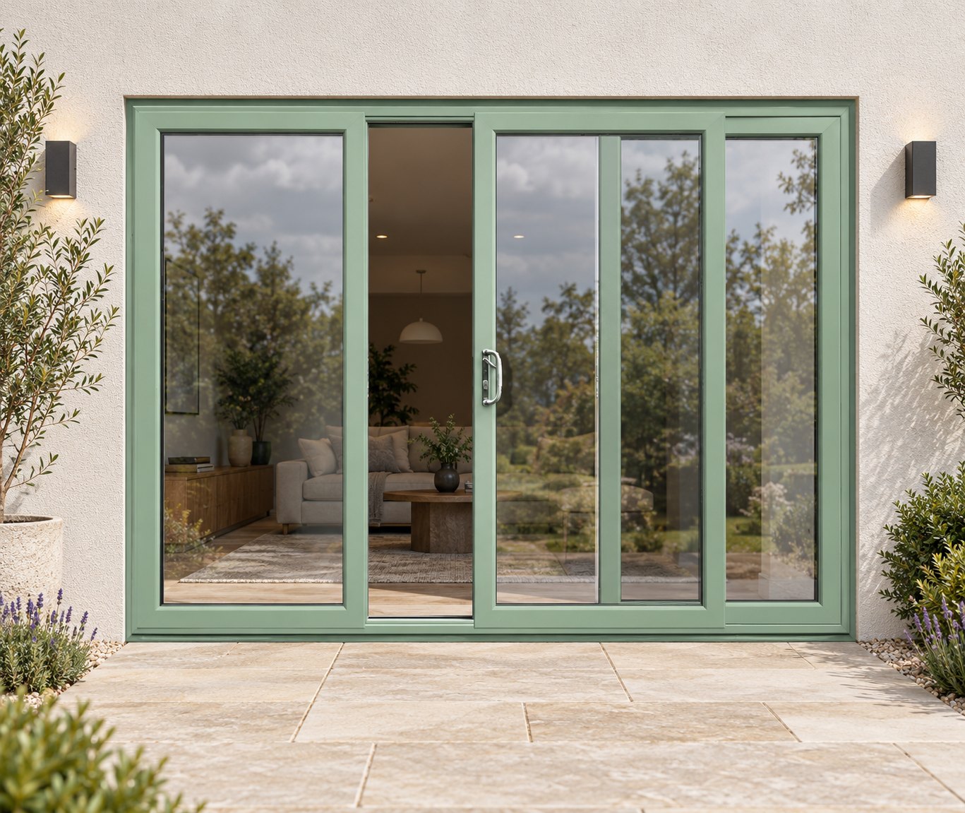 Chartwell Green uPVC 3 pane sliding patio door on a house in daylight