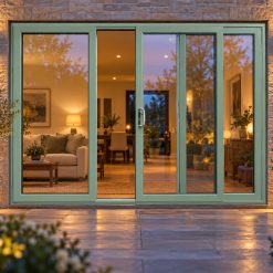 Chartwell Green uPVC 3 pane sliding patio door lit up in the evening