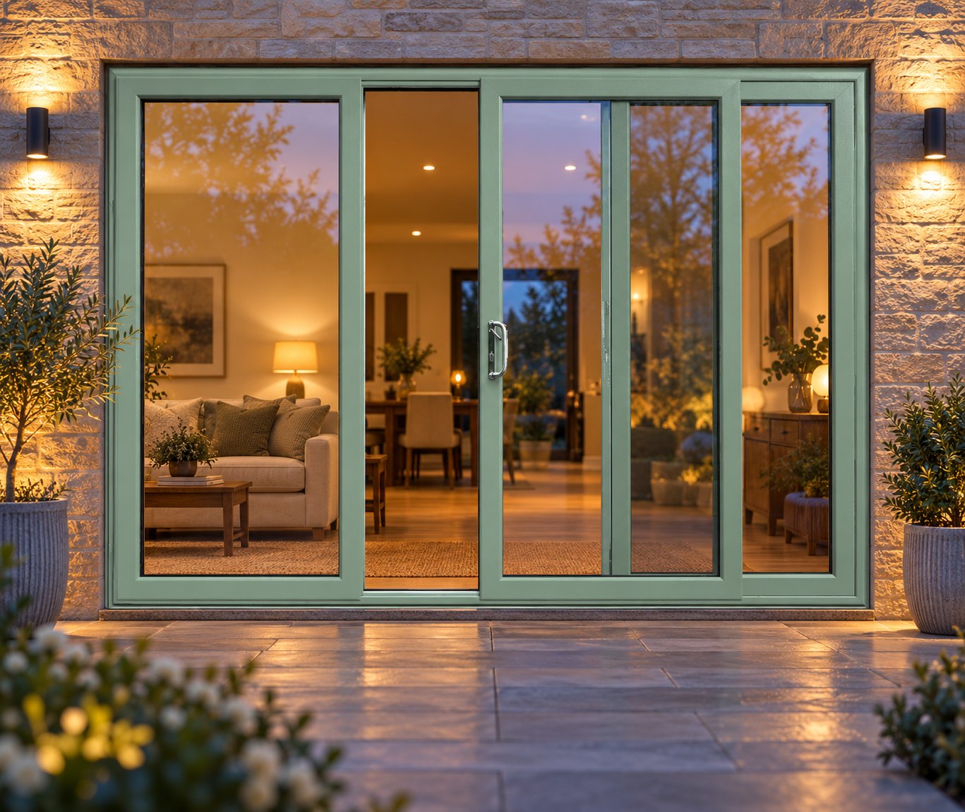 Chartwell Green uPVC 3 pane sliding patio door lit up in the evening