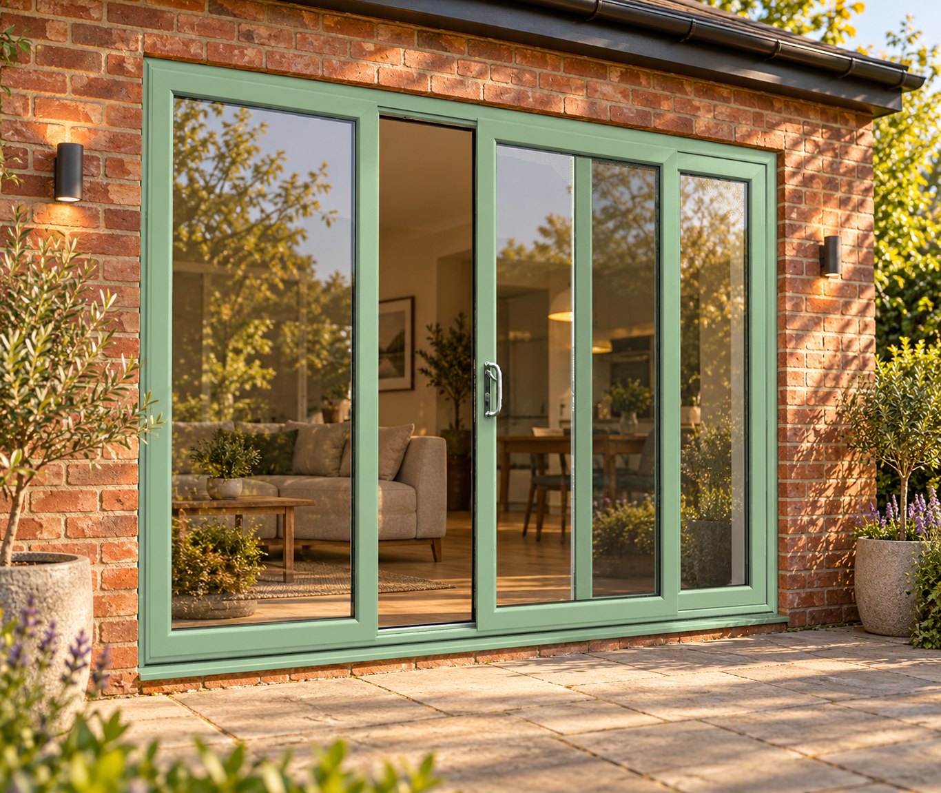 Chartwell Green uPVC 3 pane sliding patio door opening onto a garden patio