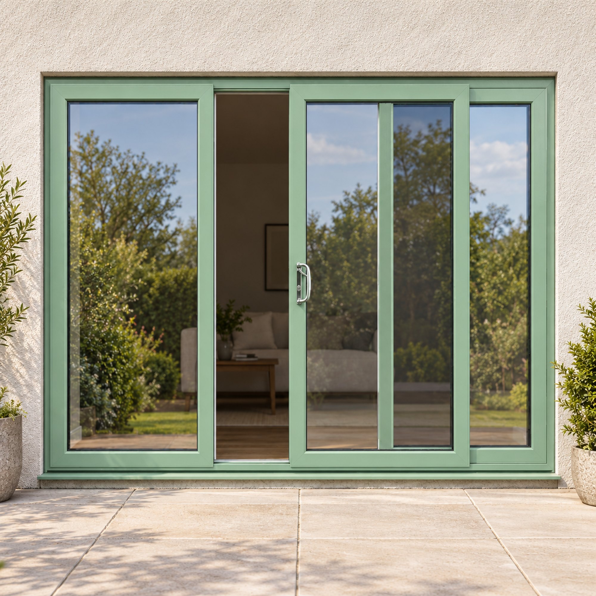 Chartwell Green uPVC 3 pane sliding patio door fitted to the back of a house