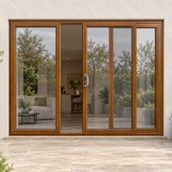 Golden Oak uPVC 3 pane sliding patio door on a house in daylight