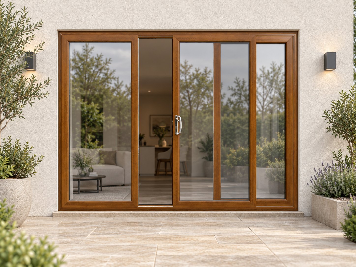 Golden Oak uPVC 3 pane sliding patio door on a house in daylight
