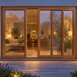 Golden Oak uPVC 3 pane sliding patio door lit up in the evening