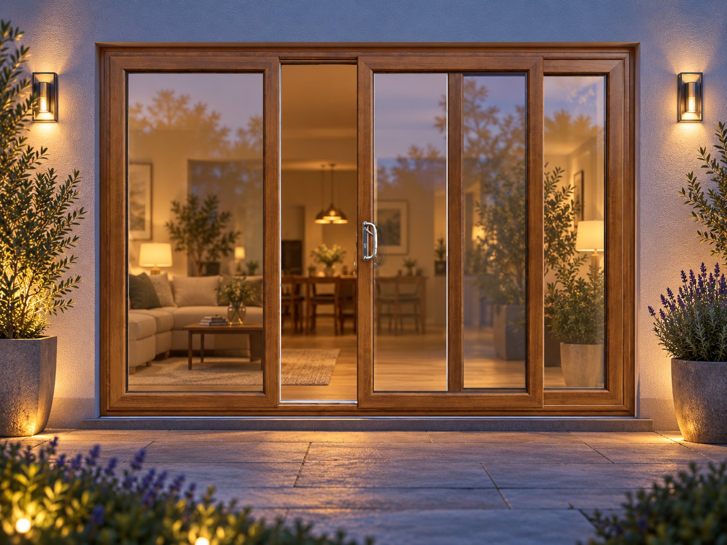 Golden Oak uPVC 3 pane sliding patio door lit up in the evening