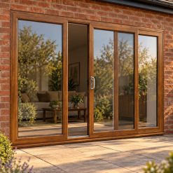 Golden Oak uPVC 3 pane sliding patio door opening onto a garden patio