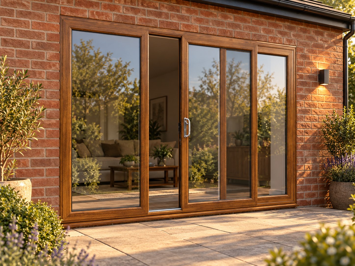 Golden Oak uPVC 3 pane sliding patio door opening onto a garden patio