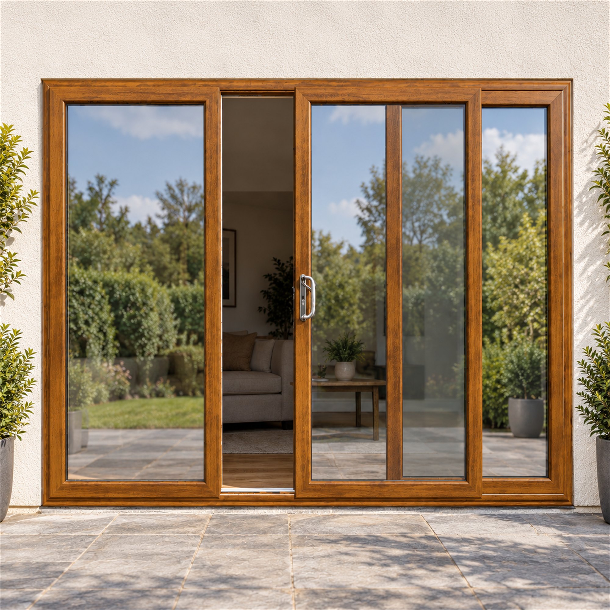 Golden Oak uPVC 3 pane sliding patio door fitted to the back of a house