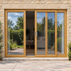 Irish Oak uPVC 3 pane sliding patio door fitted to the back of a house