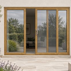 Irish Oak uPVC 3 pane sliding patio door on a house in daylight