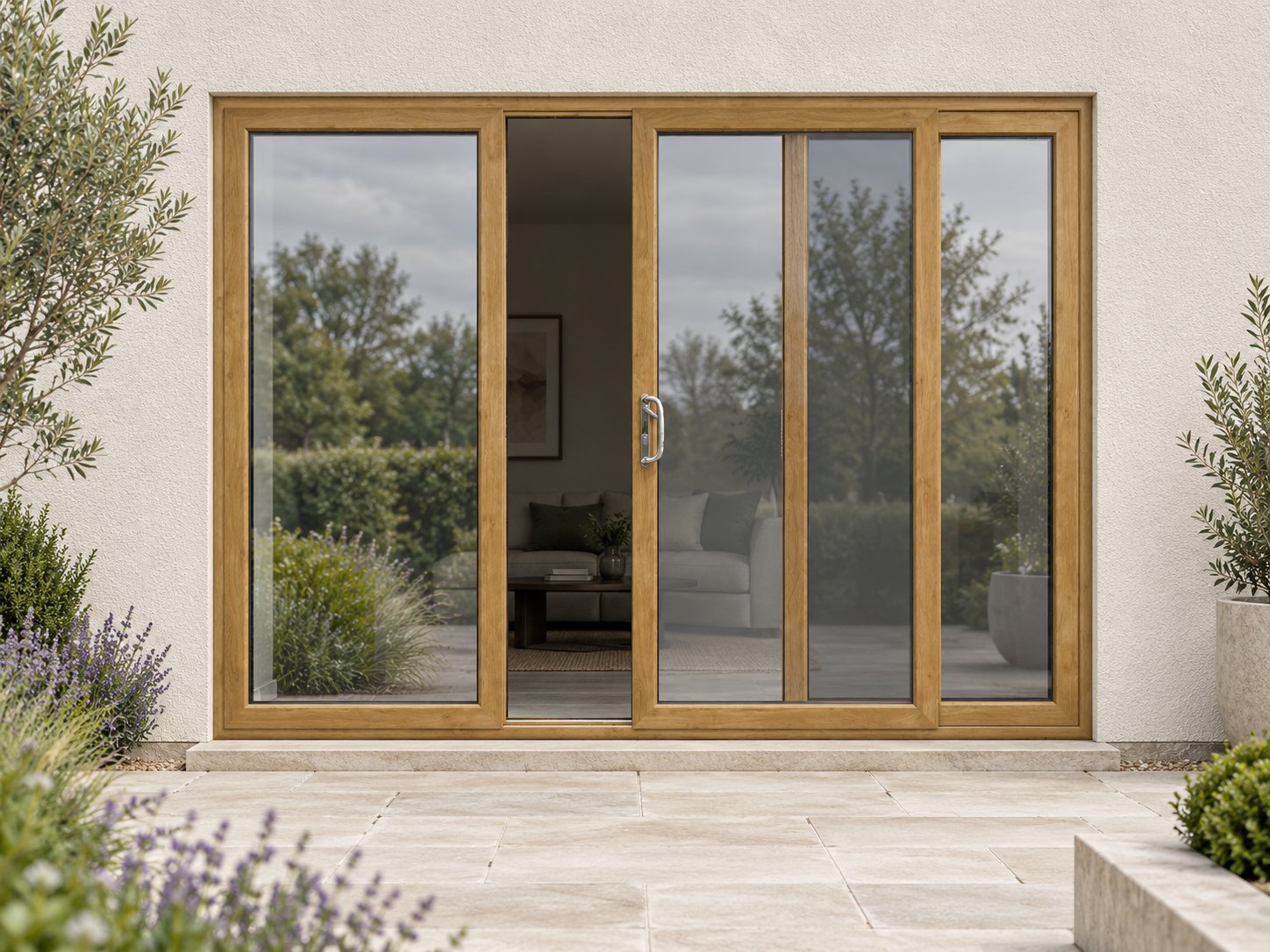 Irish Oak uPVC 3 pane sliding patio door on a house in daylight