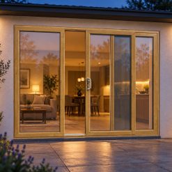 Irish Oak uPVC 3 pane sliding patio door lit up in the evening