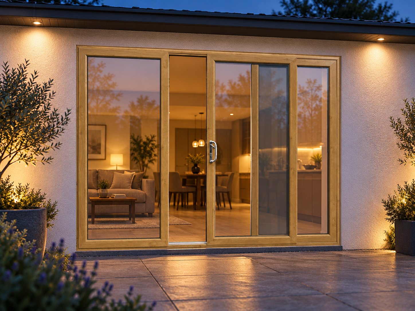 Irish Oak uPVC 3 pane sliding patio door lit up in the evening