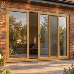 Irish Oak uPVC 3 pane sliding patio door opening onto a garden patio