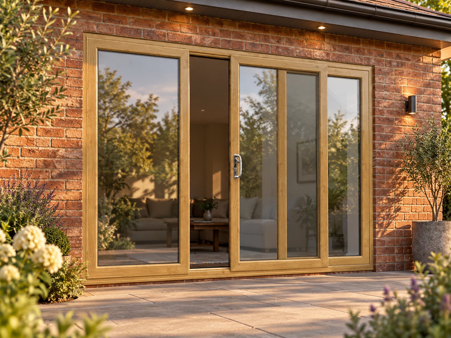 Irish Oak uPVC 3 pane sliding patio door opening onto a garden patio