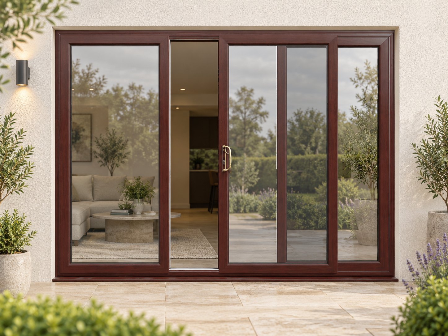 Rosewood uPVC 3 pane sliding patio door on a house in daylight
