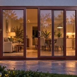 Rosewood uPVC 3 pane sliding patio door lit up in the evening