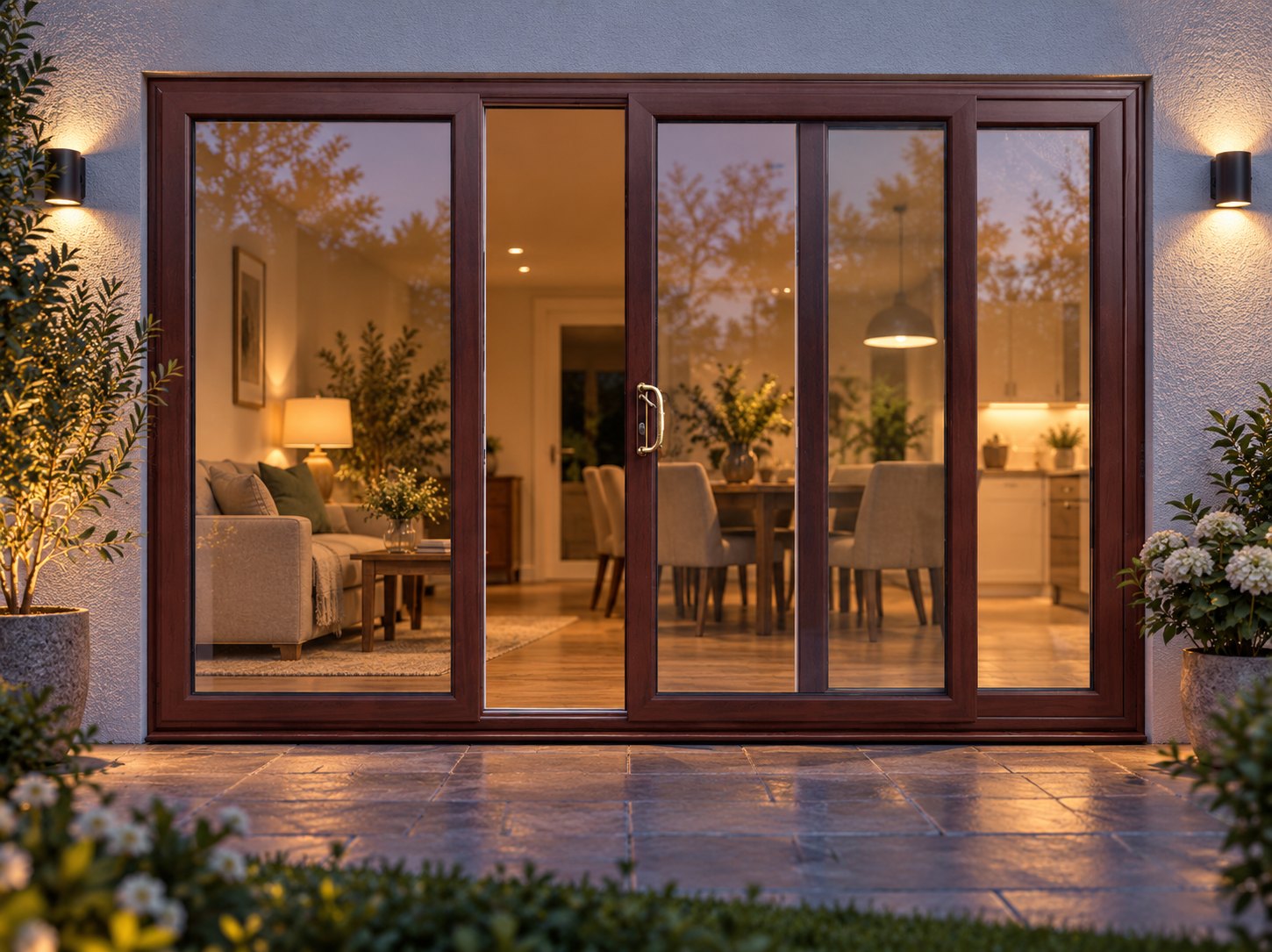 Rosewood uPVC 3 pane sliding patio door lit up in the evening