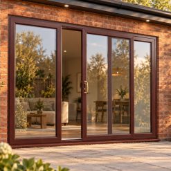 Rosewood uPVC 3 pane sliding patio door opening onto a garden patio