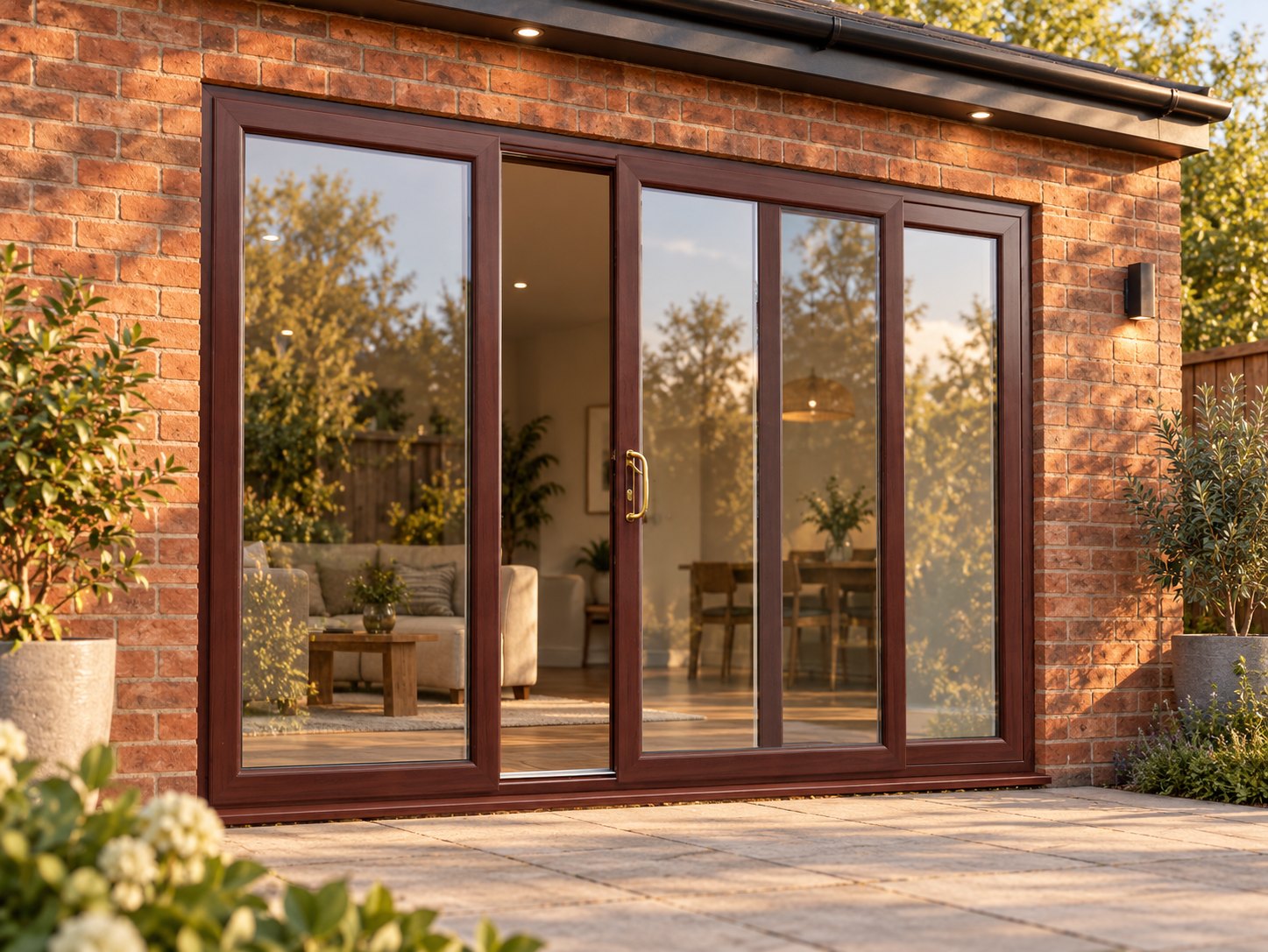 Rosewood uPVC 3 pane sliding patio door opening onto a garden patio