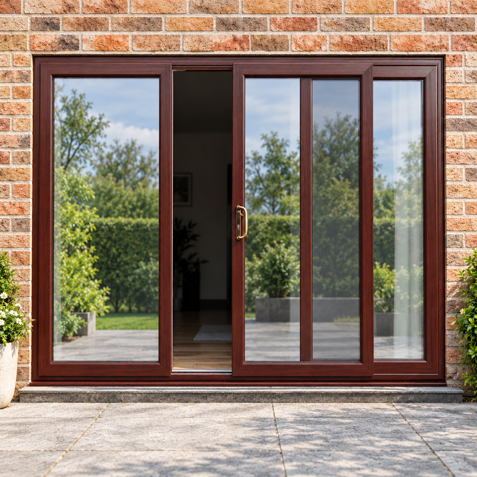 Rosewood uPVC 3 pane sliding patio door fitted to the back of a house