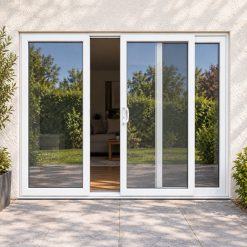 White uPVC 3 pane sliding patio door fitted to the back of a house