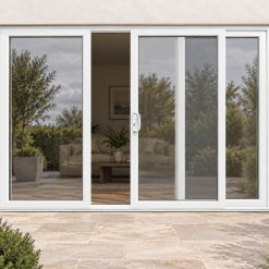 White uPVC 3 pane sliding patio door on a house in daylight
