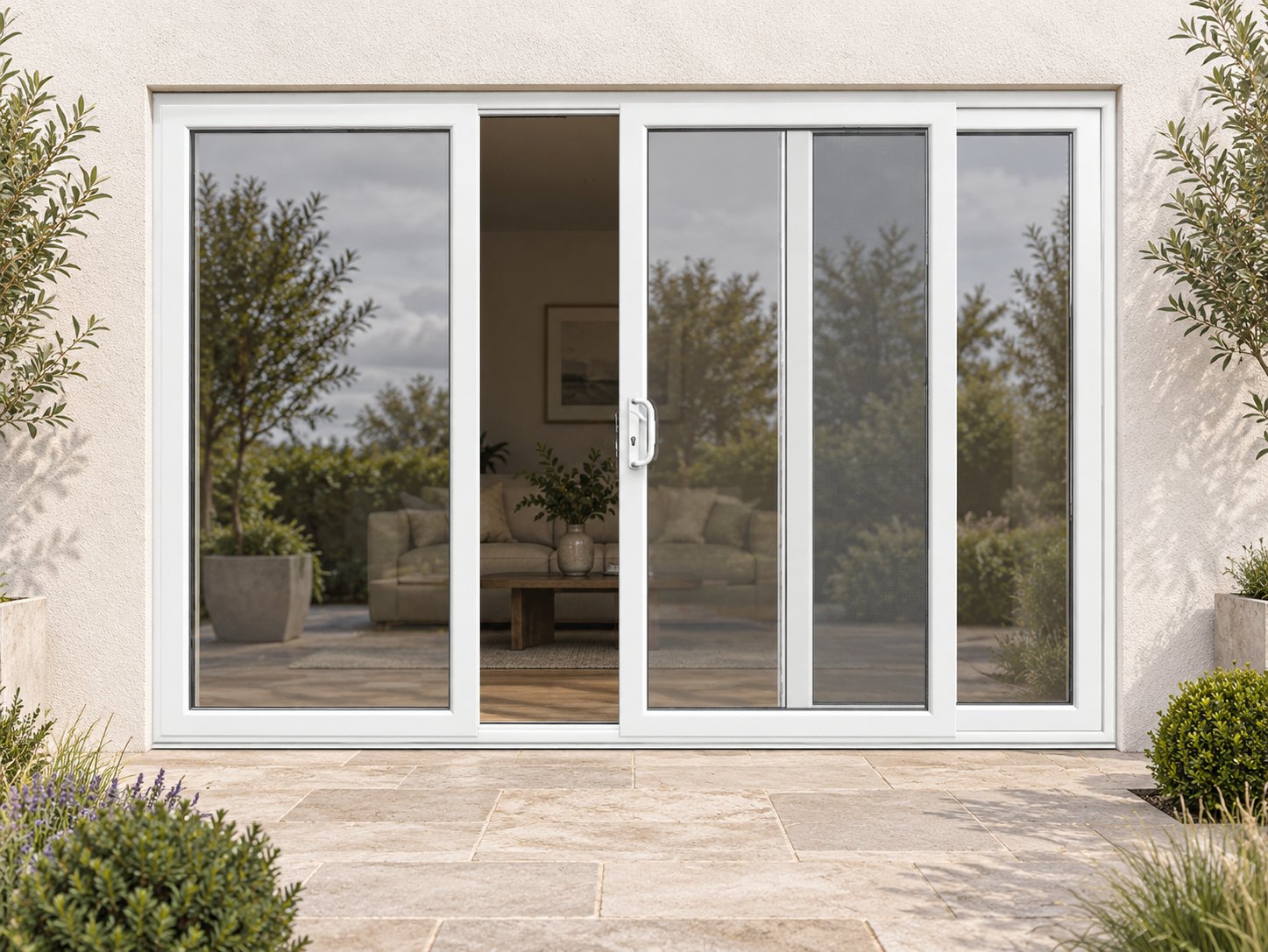 White uPVC 3 pane sliding patio door on a house in daylight