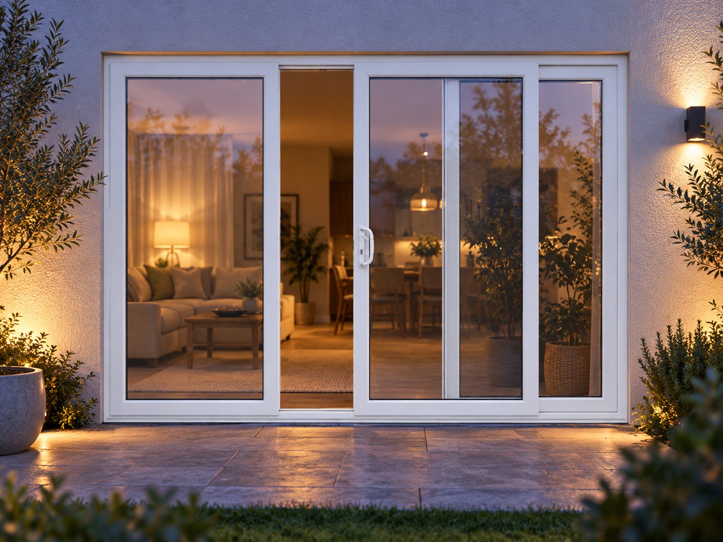 White uPVC 3 pane sliding patio door lit up in the evening