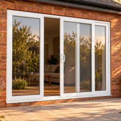 White uPVC 3 pane sliding patio door opening onto a garden patio
