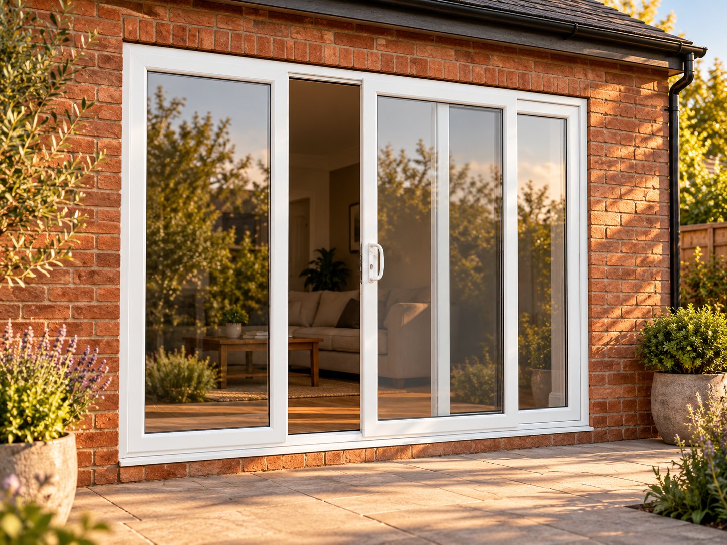 White uPVC 3 pane sliding patio door opening onto a garden patio