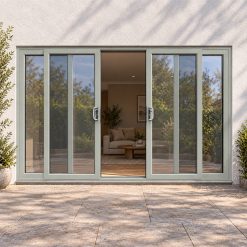 Agate Grey uPVC 4 pane sliding patio door fitted to the back of a house